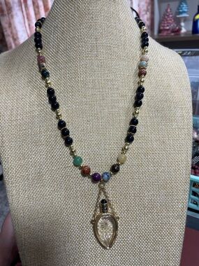 Artisan Multistone Necklace with Glass Bottle Pendant.